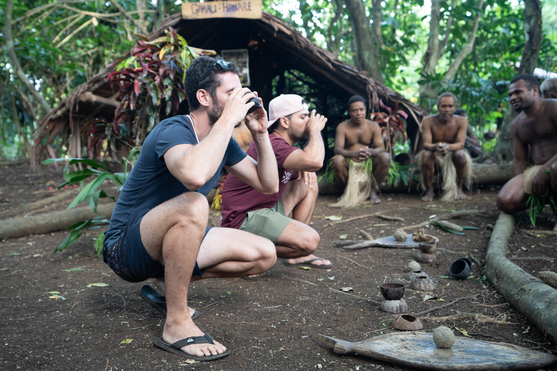 Two tourists drinking kava, Gamau-Hanare, Hanare Custom Village, Maewo island, Penama Province, Vanuatu, Photo: Vanuatu Tourism Office