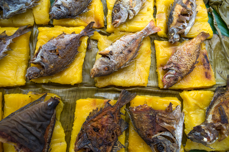 A local specialty, manioc laplap with fish, for sale at the Port Vila market house. Credit: Vanuatu Tourism Office/David Kirkland